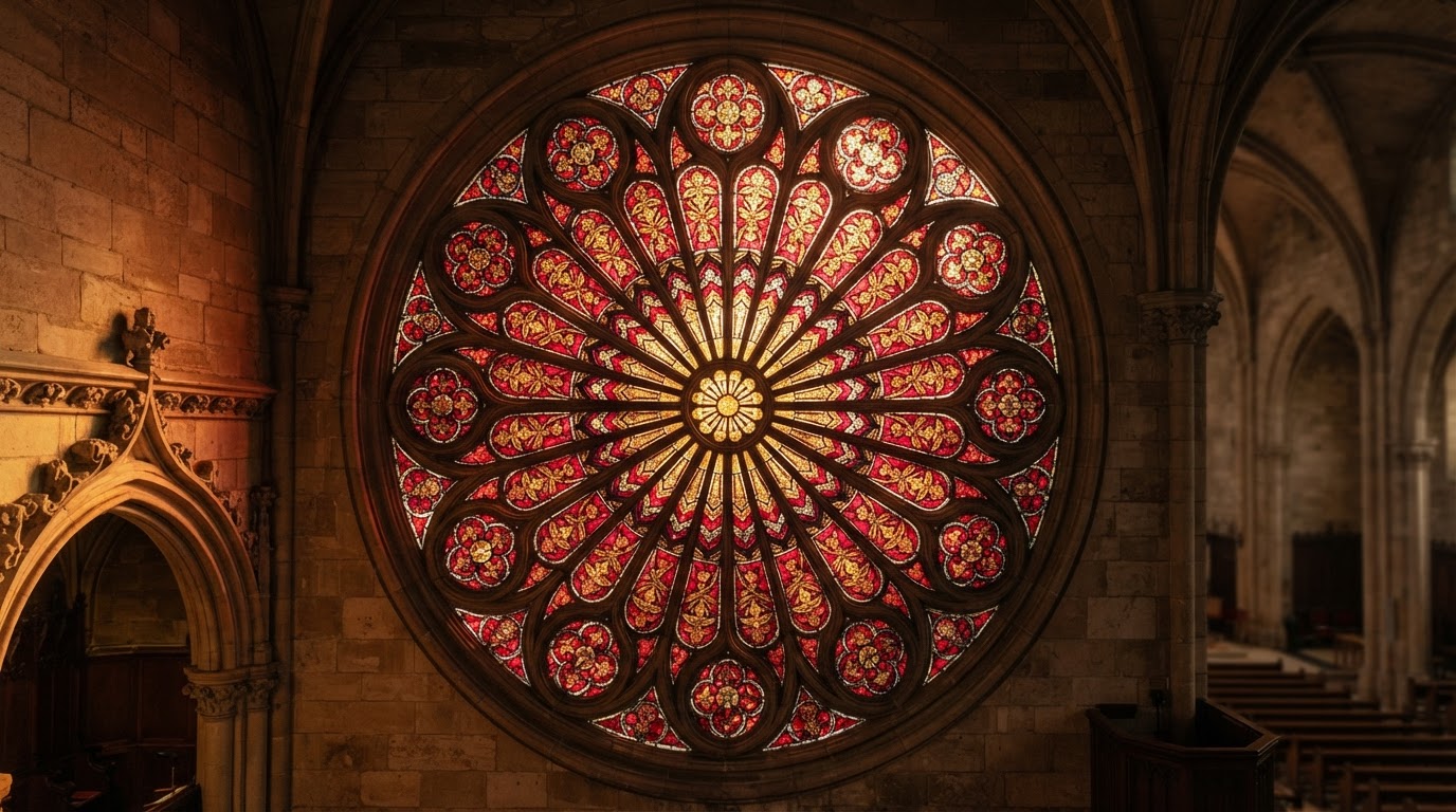 Stained glass rose window radiating crimson and gold light