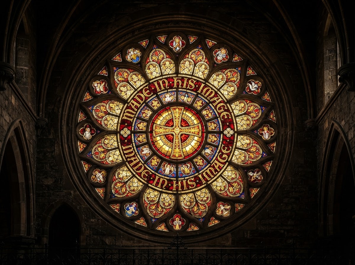 Made In His Image — ImageOne27 merchandise design featuring a stained glass rose window