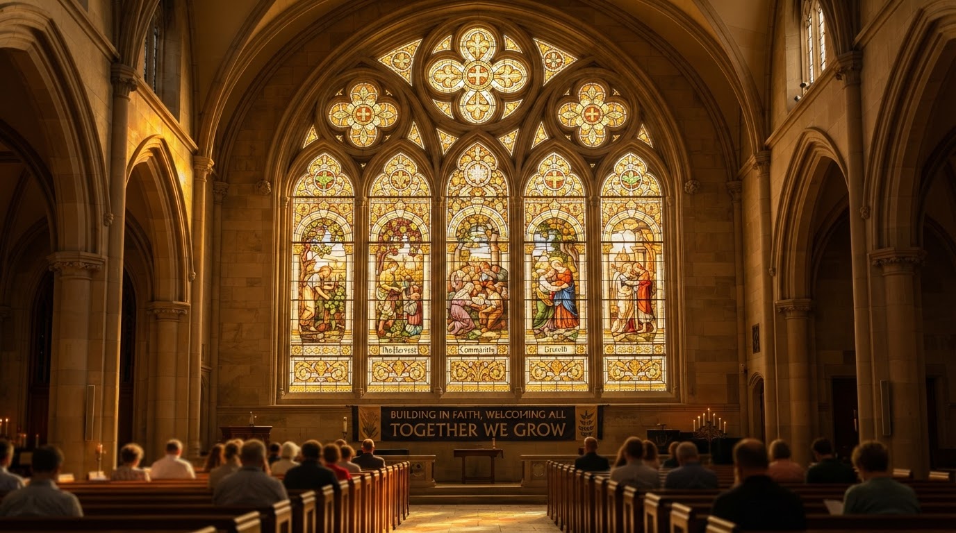 Stained glass cathedral window glowing with warm light