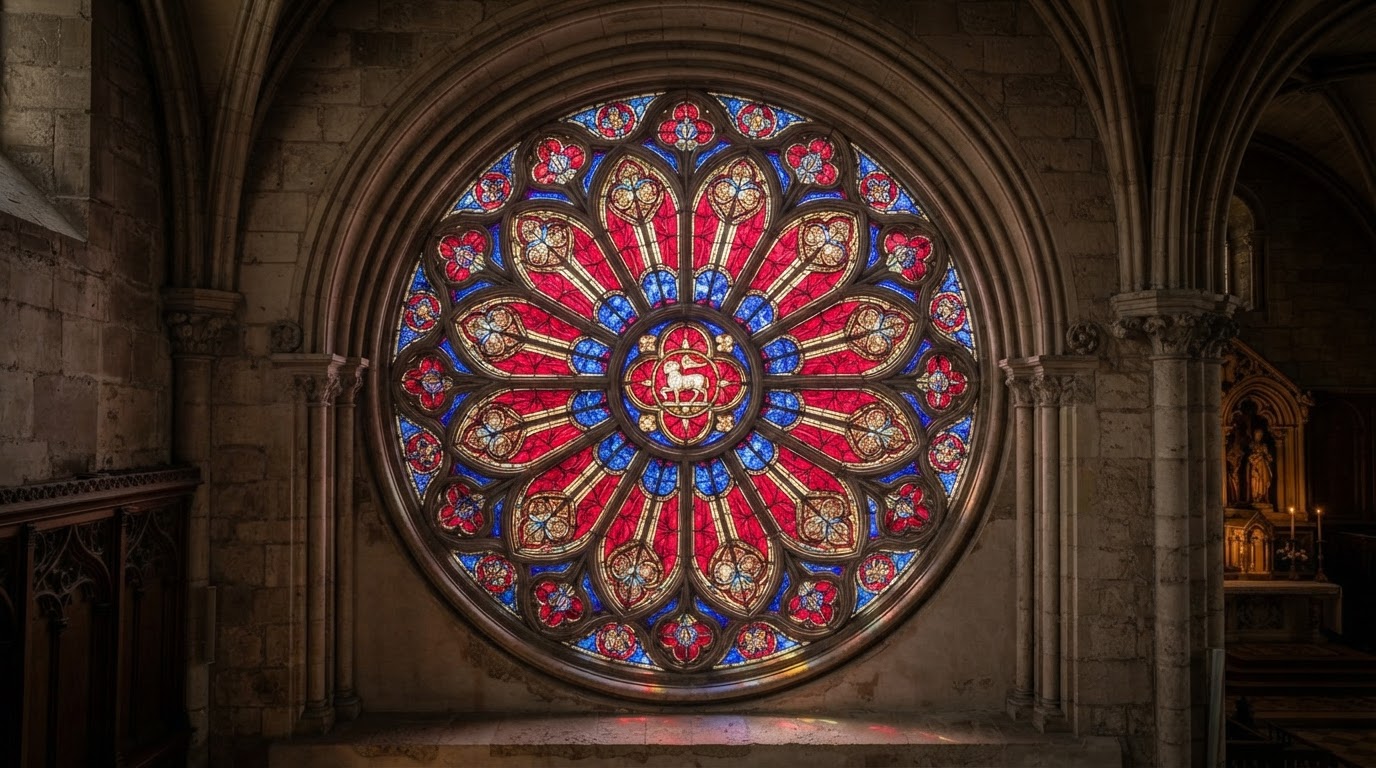 Circular rose stained glass window with crimson and cobalt light