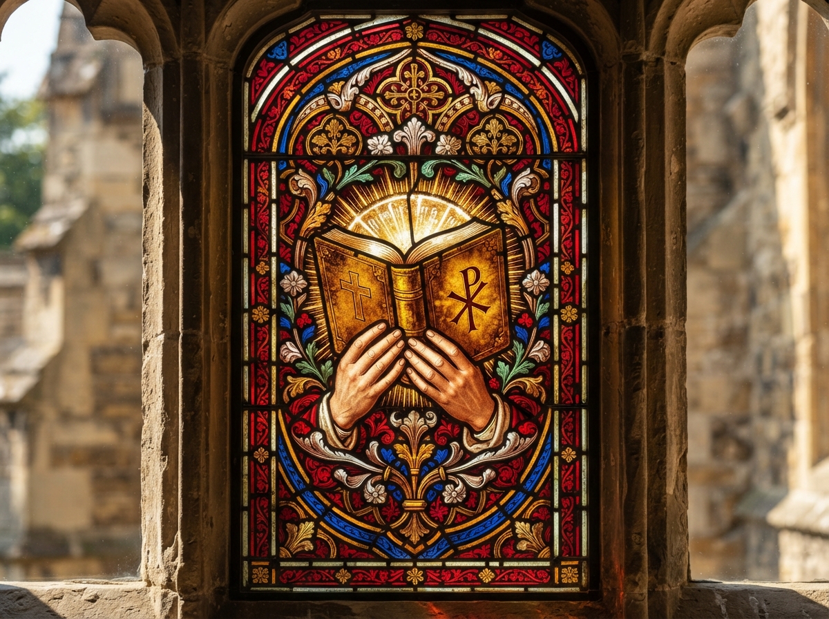 Stained glass panel of hands holding an open Bible in ruby and gold light