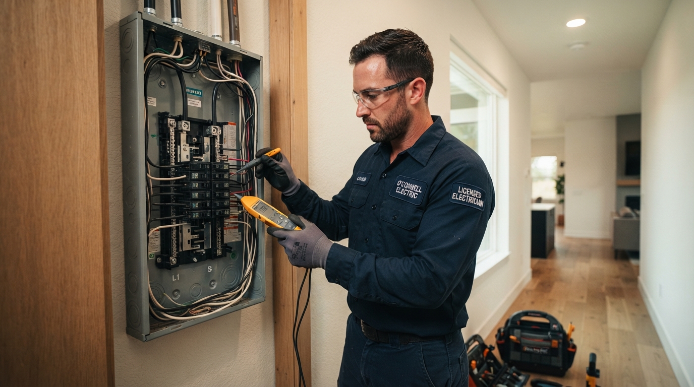 Elite Electric licensed electrician working on a residential electrical panel in Burlington, IA