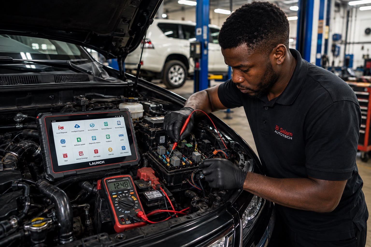 Bi Salam Autotech technician performing advanced diagnostics with Launch scanner
