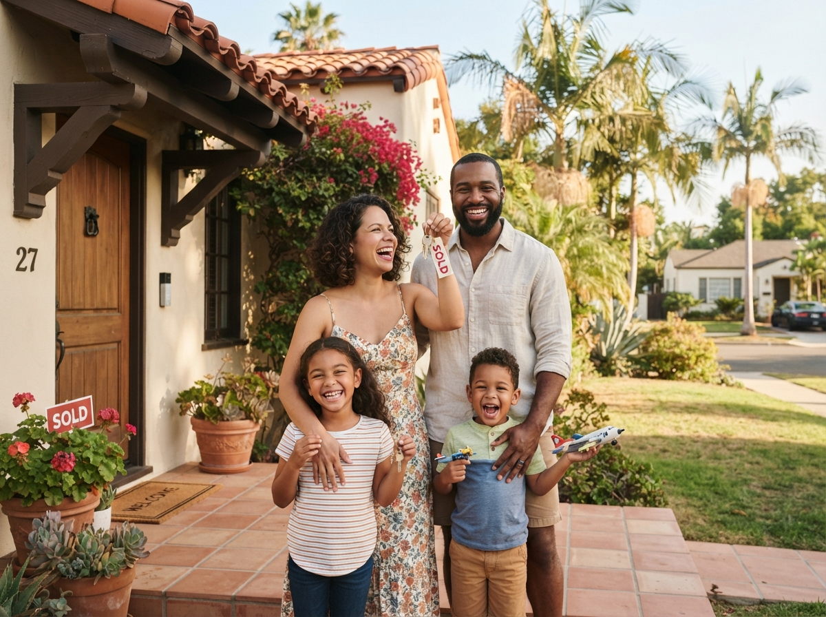 Happy family receiving keys to their new Southern California home