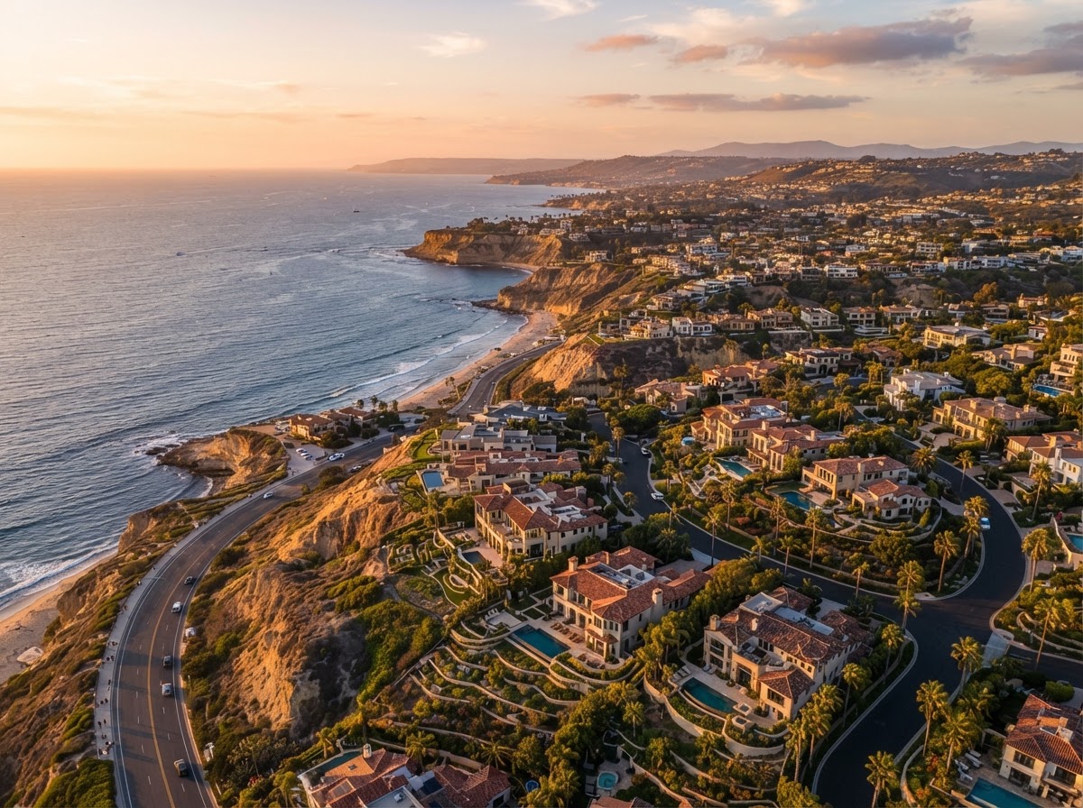 Southern California coastline with luxury hillside neighborhoods at golden hour