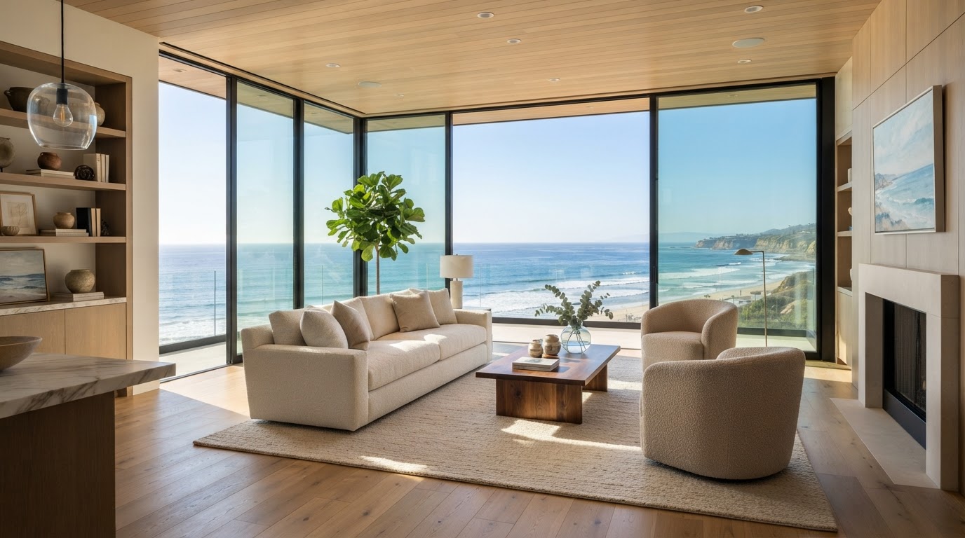 Luxury Southern California ocean-view home interior with bright modern living room and floor-to-ceiling windows