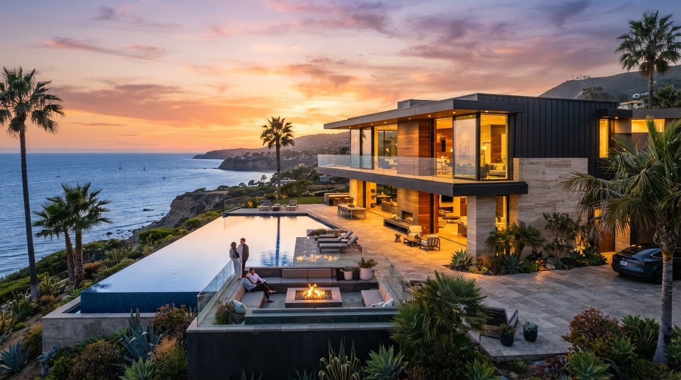 Luxury modern Southern California home with infinity pool at golden hour
