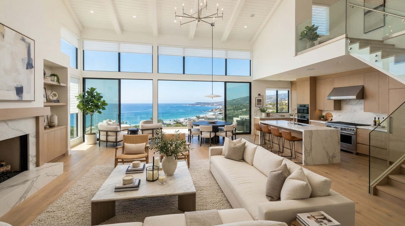 Luxury Southern California home interior with ocean view and bright open living space