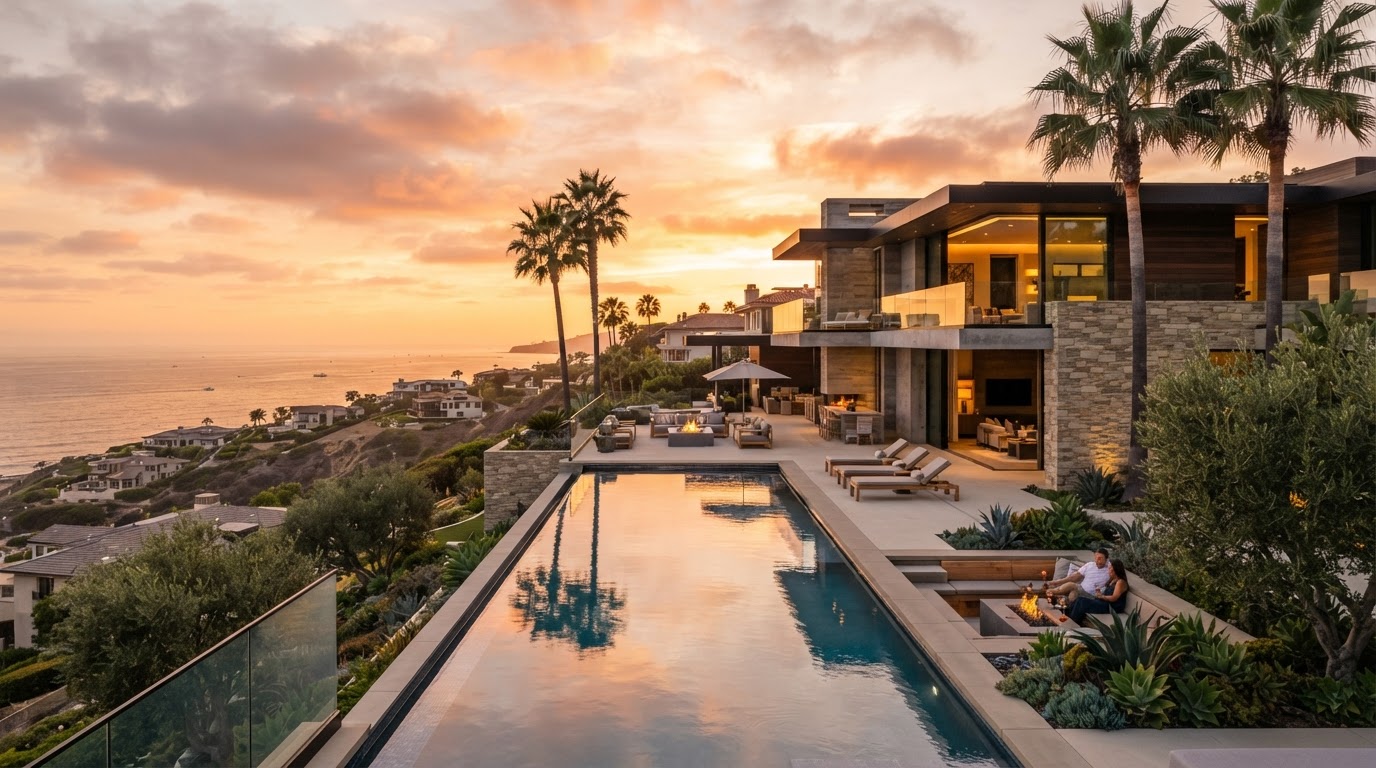 Luxury modern Southern California home with infinity pool at golden hour