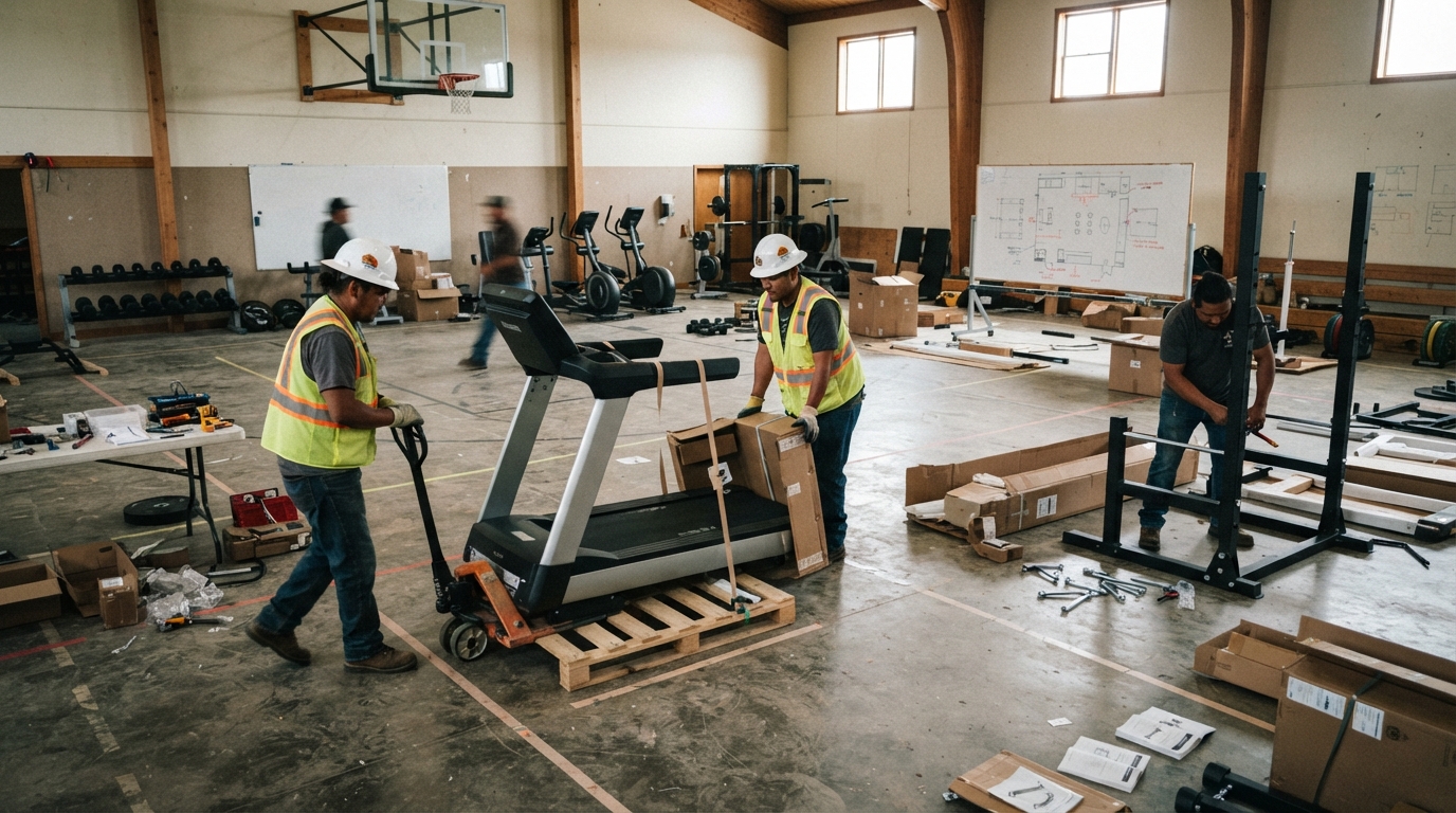 Equipment delivery and installation in a tribal fitness facility