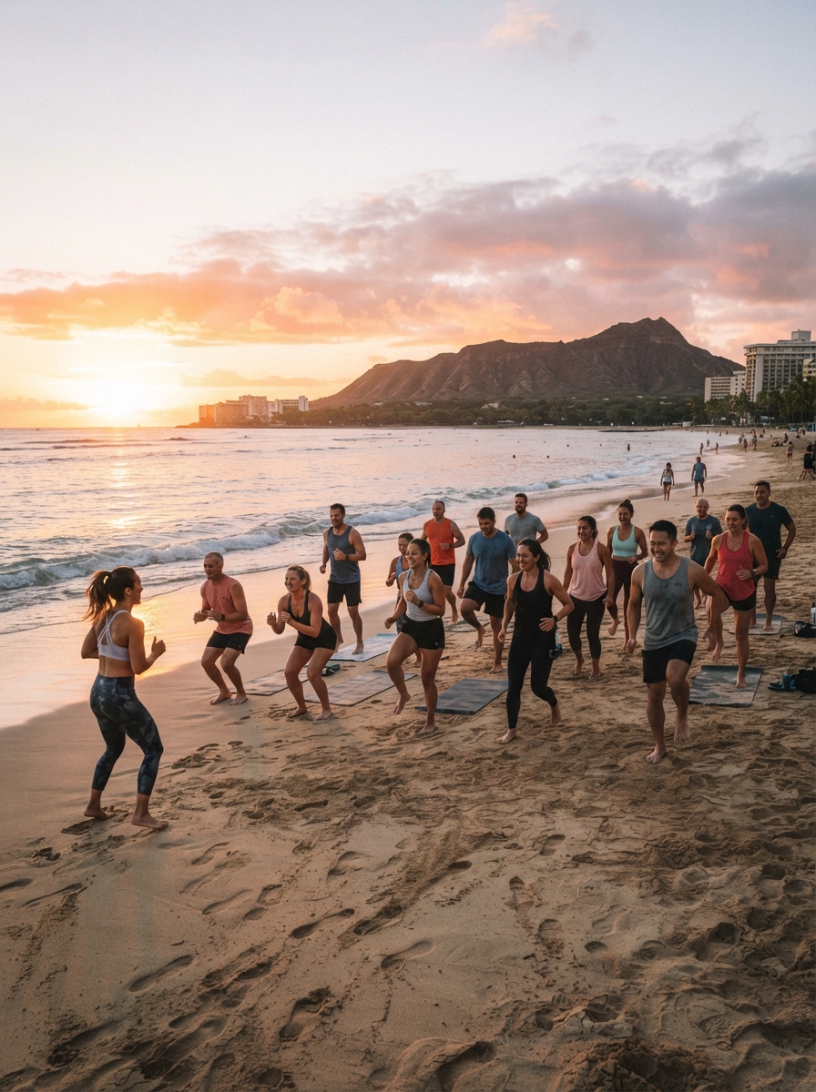 Sunrise beach workout at Waikiki, Oahu