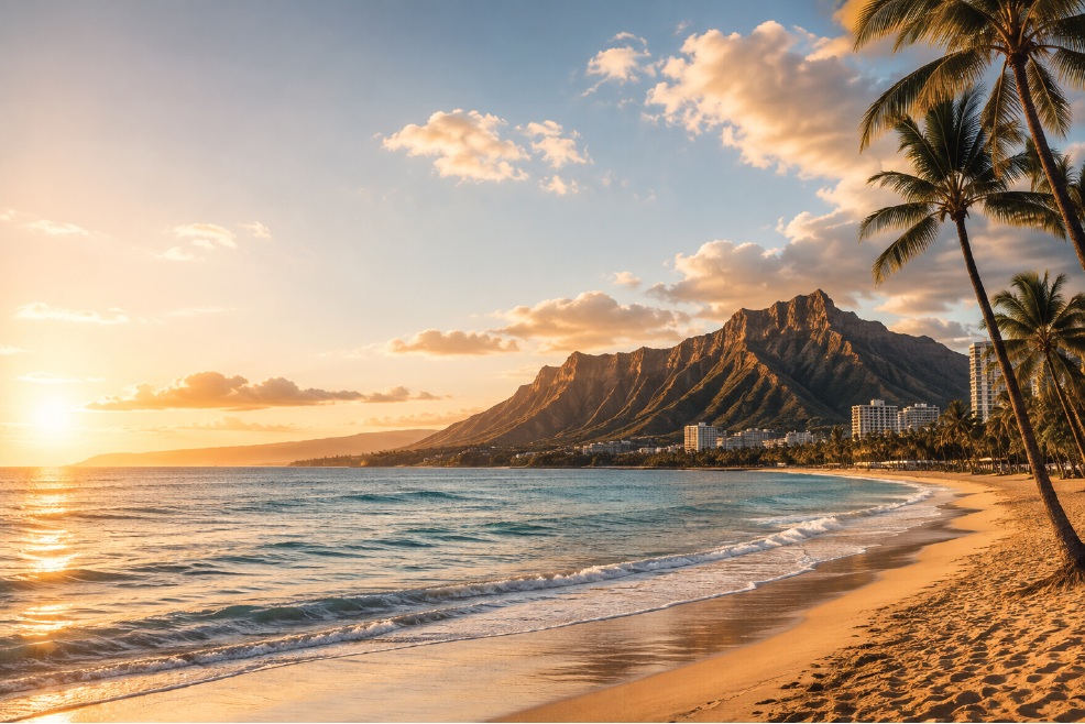 Hawaii beach with palm trees and mountains at sunset