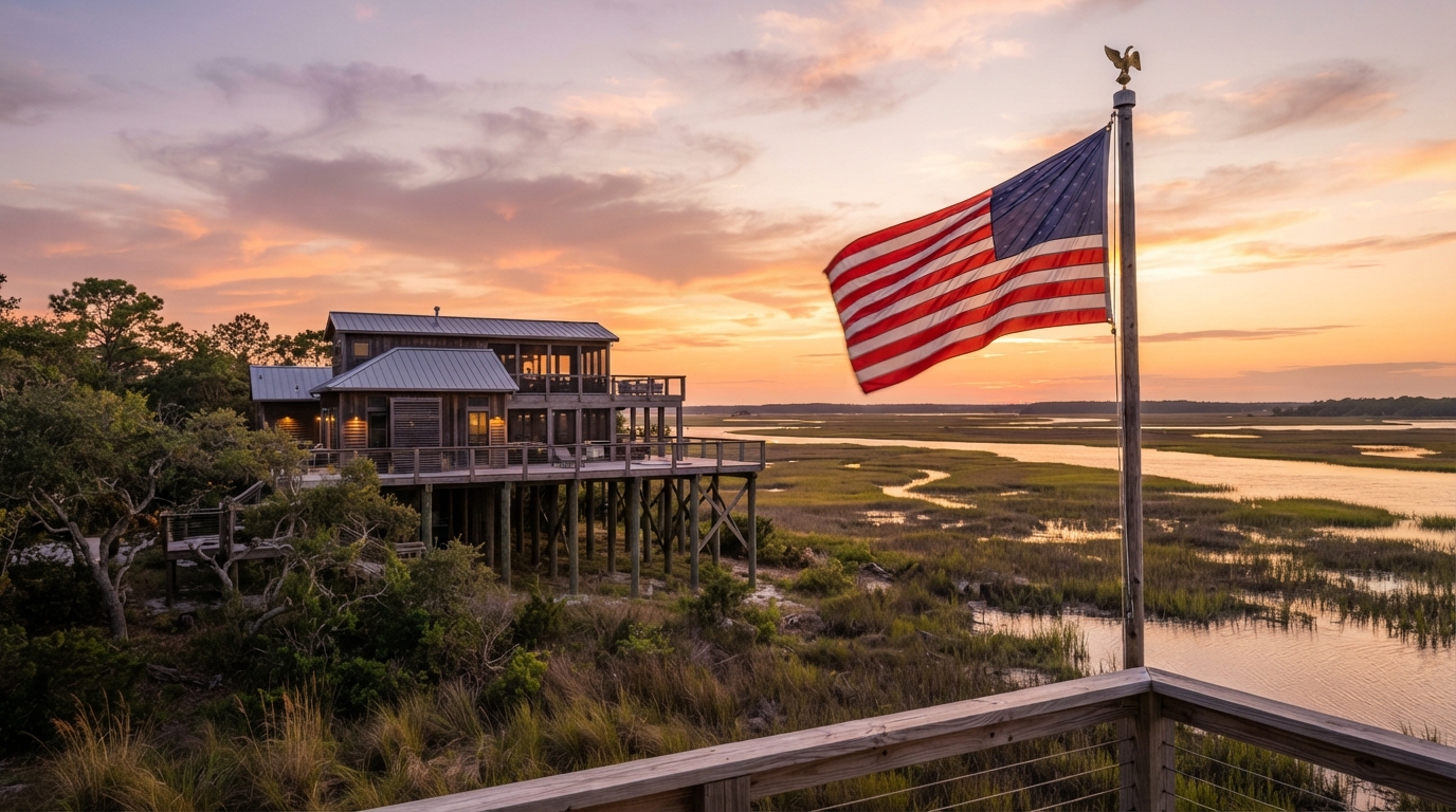 American flag waving over a coastal North Carolina elevated home at golden hour — VA home loan builder