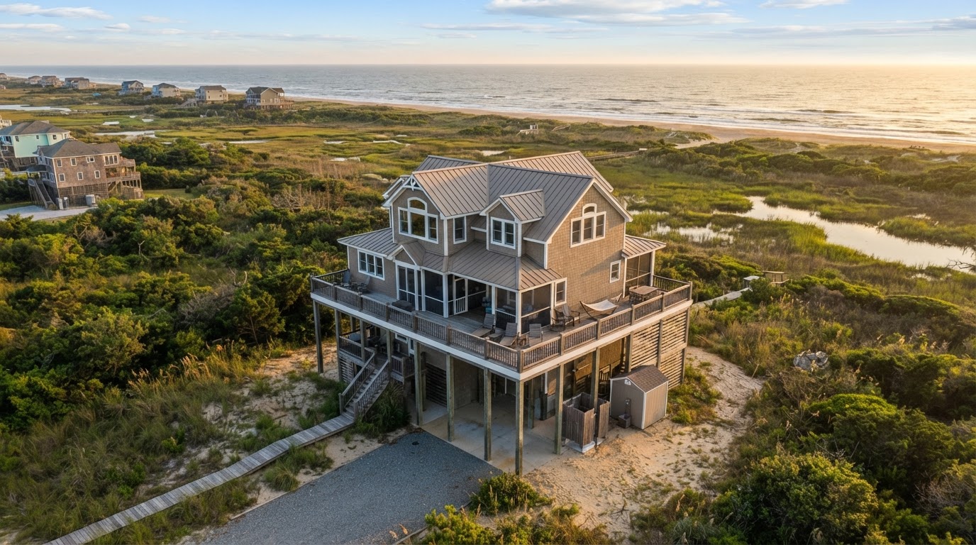 The Grey Heron — aerial view of elevated piling home on the Outer Banks built by Iron Eagle Homes