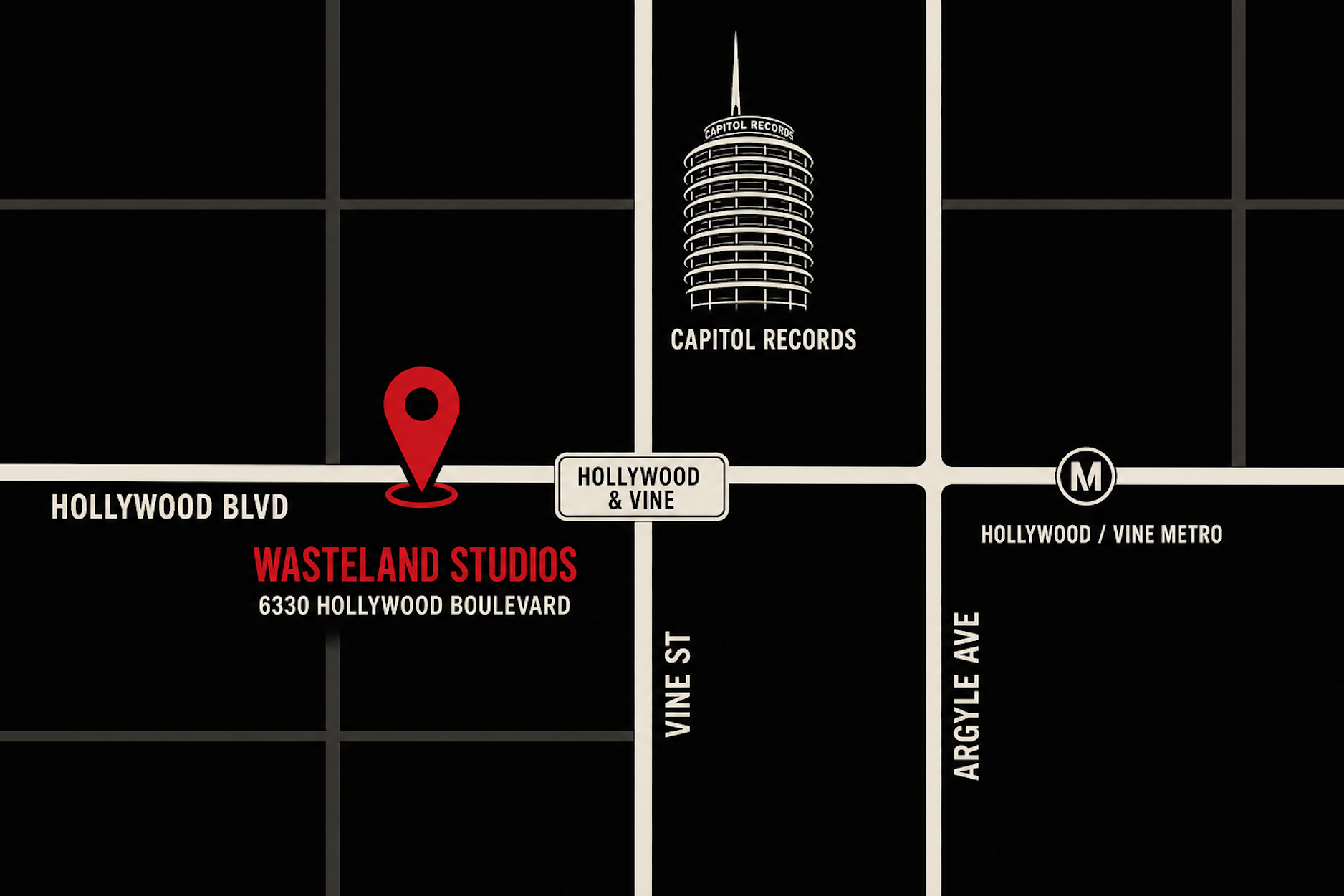 WasteLand Studios location map on Hollywood Boulevard, Los Angeles