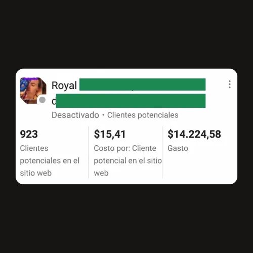 Captura de Meta Ads — Royal, 923 clientes potenciales web, $15.41 CPL