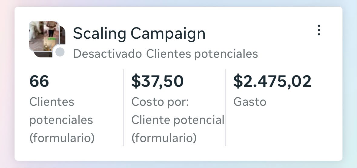 Captura de Meta Ads — Scaling Campaign, 66 clientes potenciales