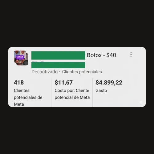 Captura de Meta Ads — Botox $40, 418 clientes potenciales, $11.67 CPL