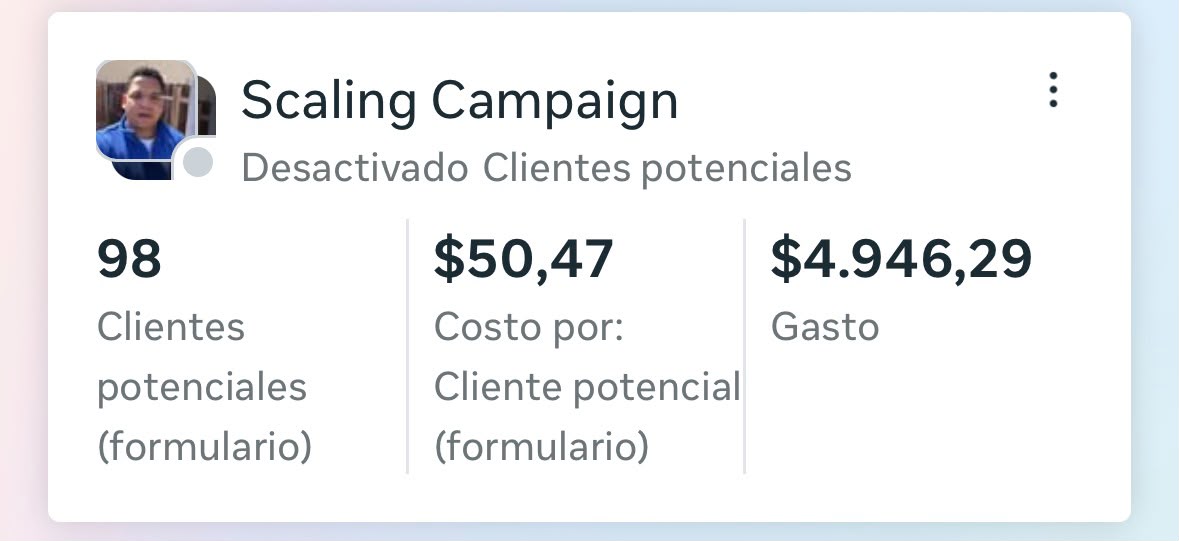 Captura de Meta Ads — Scaling Campaign, 98 clientes potenciales