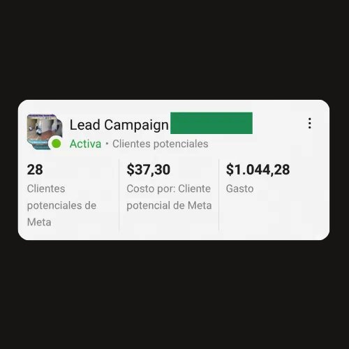 Captura de Meta Ads — Lead Campaign, 28 clientes potenciales, $37.30 CPL