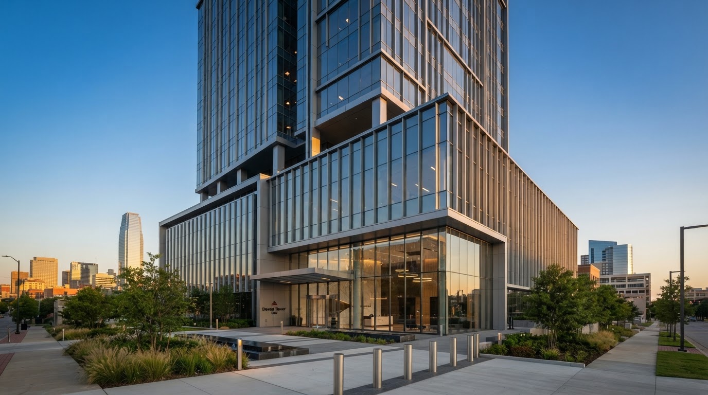 Modern commercial building in Oklahoma City at golden hour