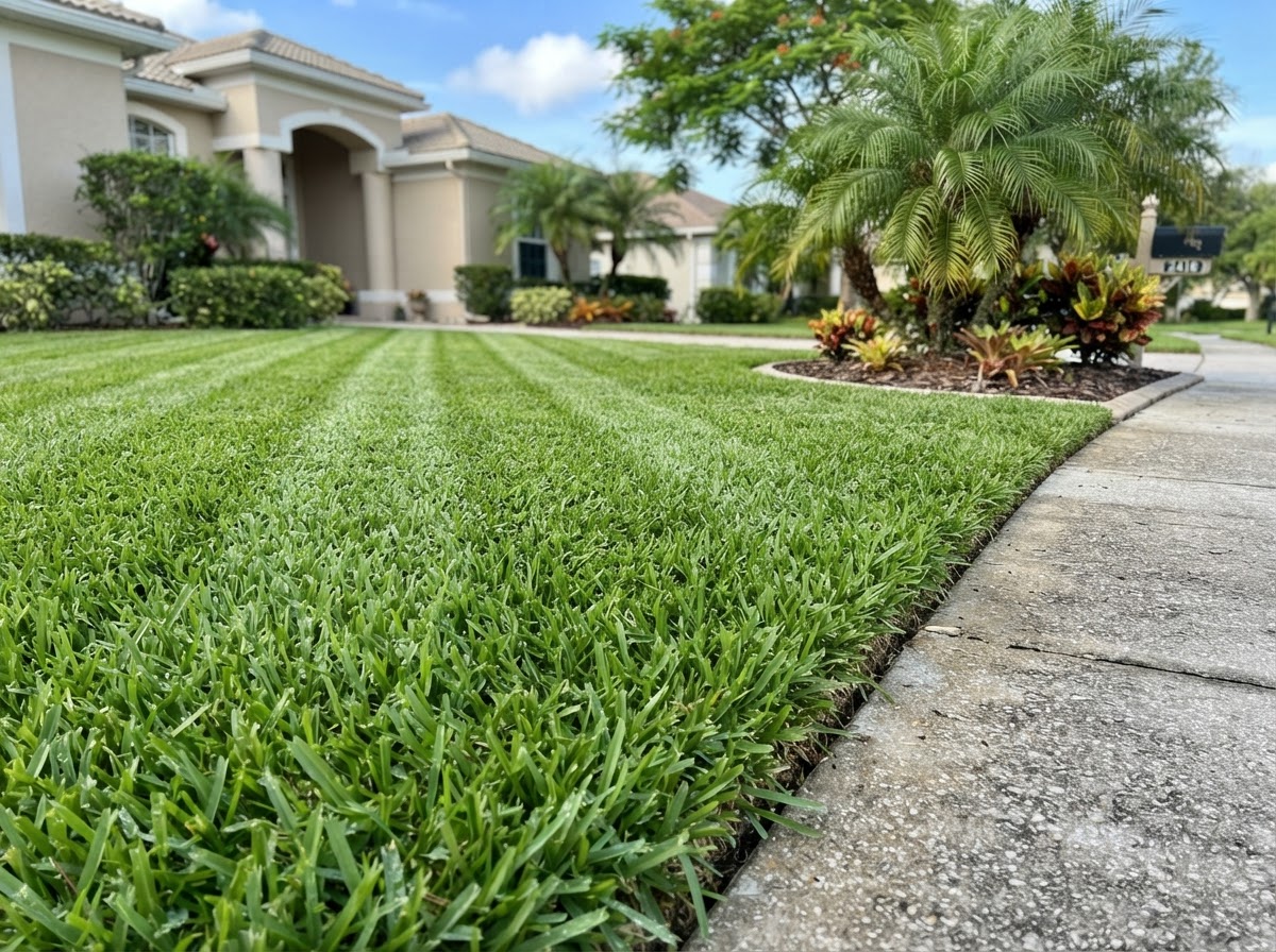 Crisp mowing stripes and edged sidewalk on St. Augustine grass