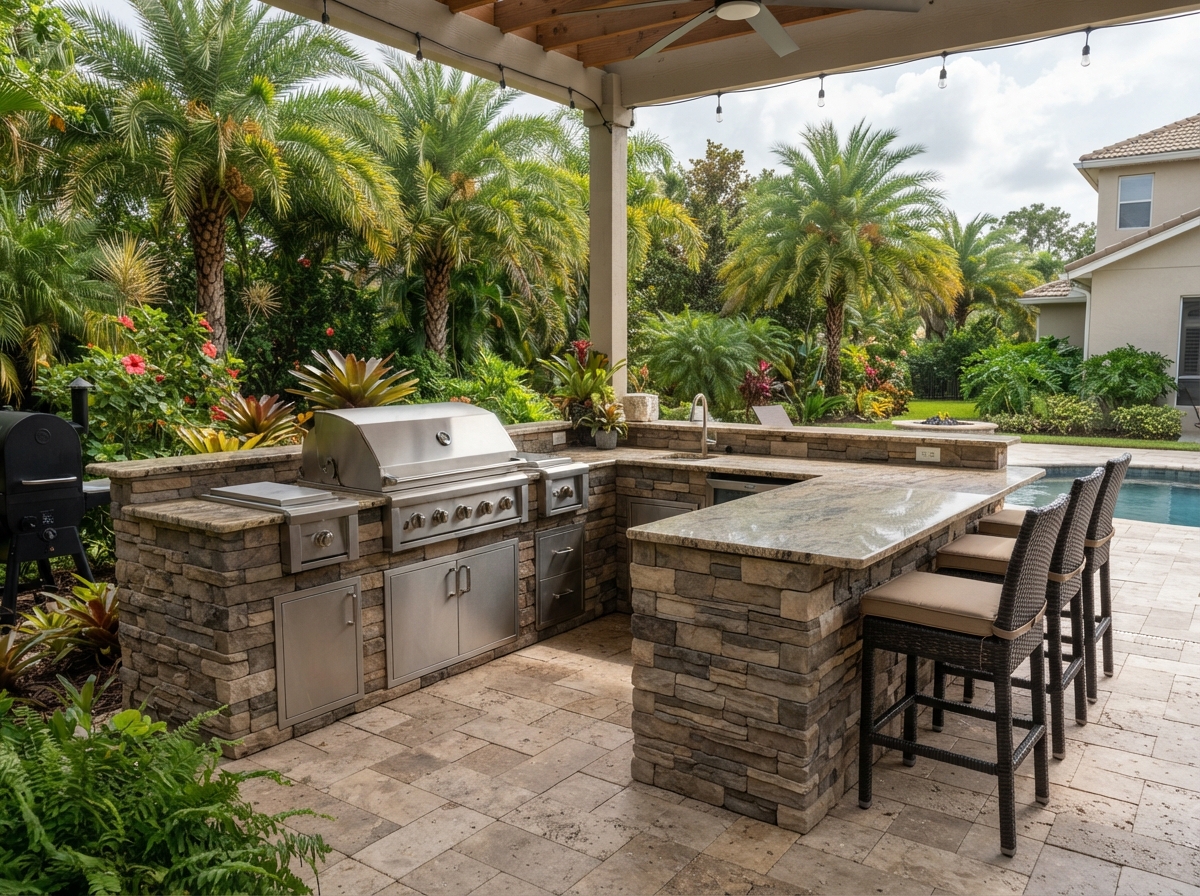 Outdoor kitchen with built-in grill, granite counter and bar seating in Sarasota FL