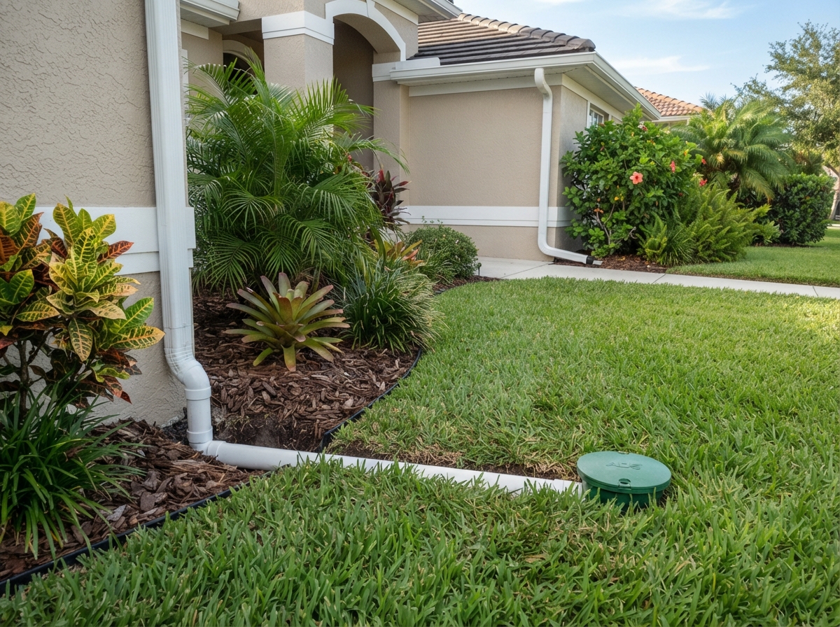 Buried downspout drainage system with only pop-up emitter visible in lawn