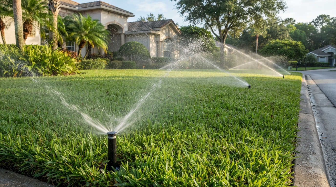 Multiple sprinkler heads irrigating Florida lawn with water mist