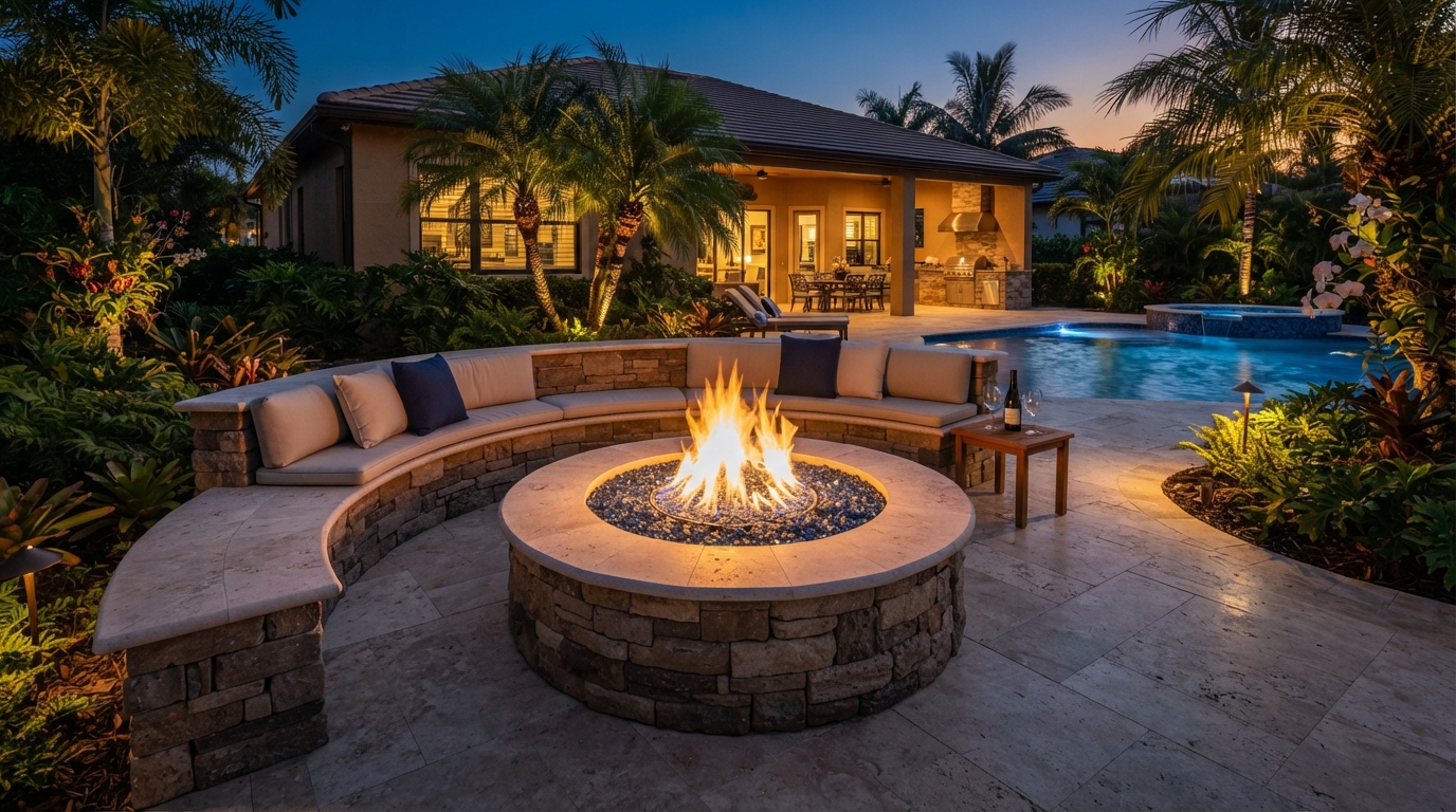 Nighttime outdoor lighting around fire pit patio