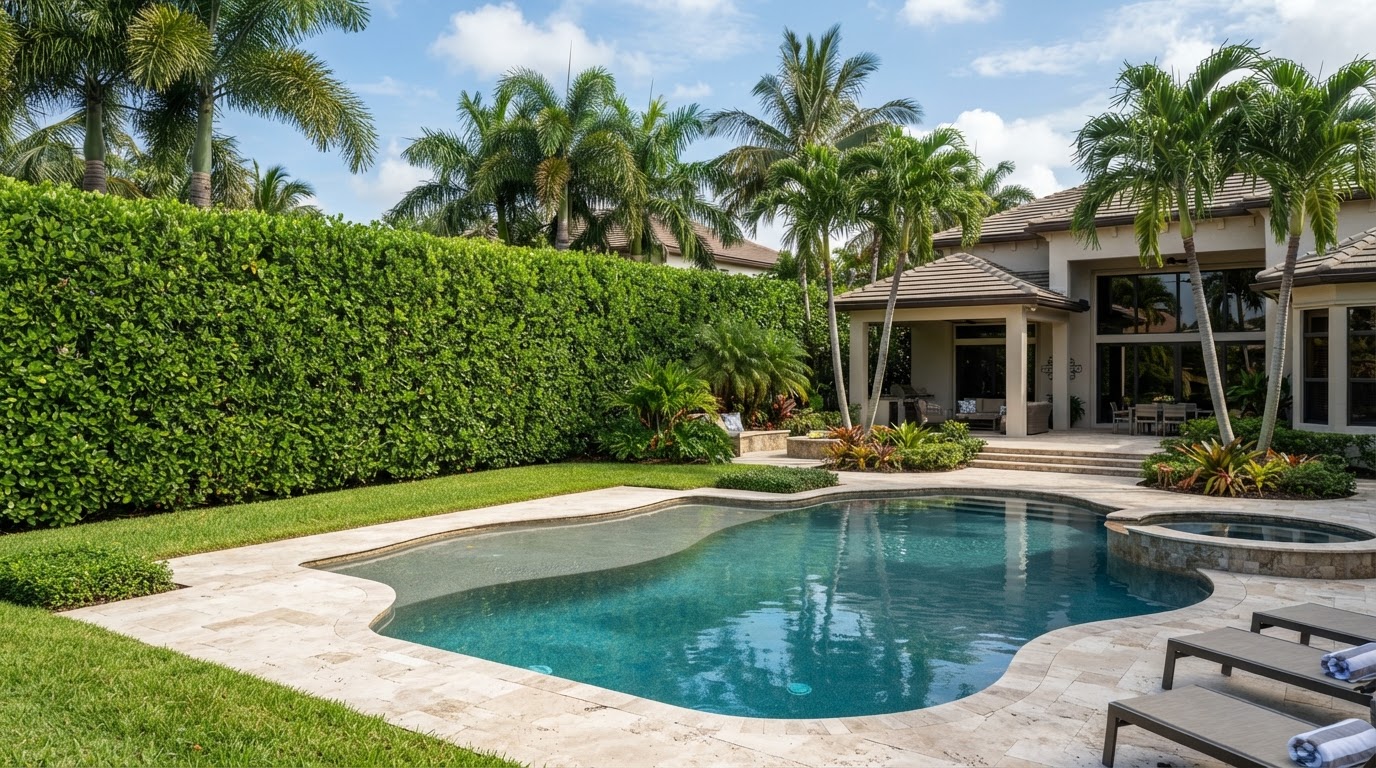 Pool surrounded by lush privacy hedges and tropical landscaping