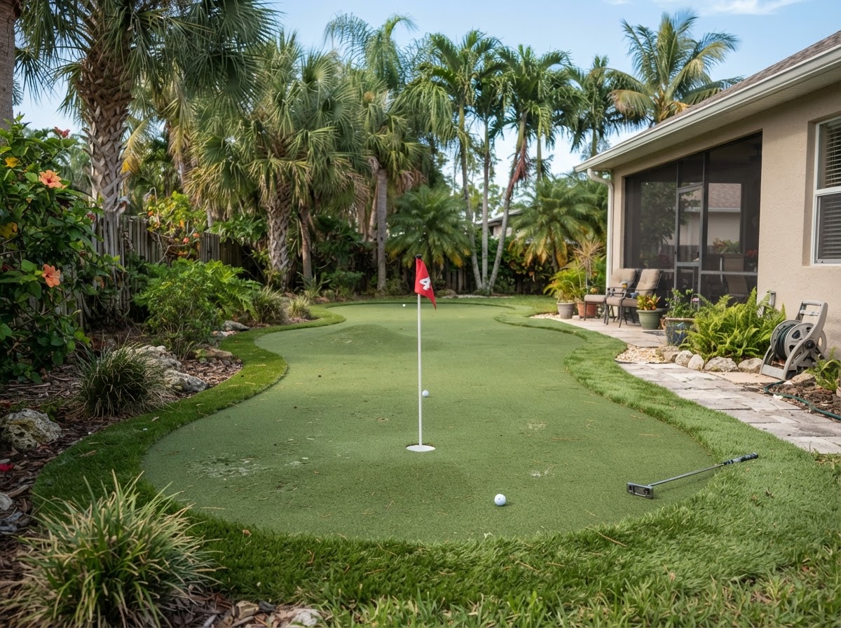 Backyard synthetic turf lawn installation with paver border in Florida