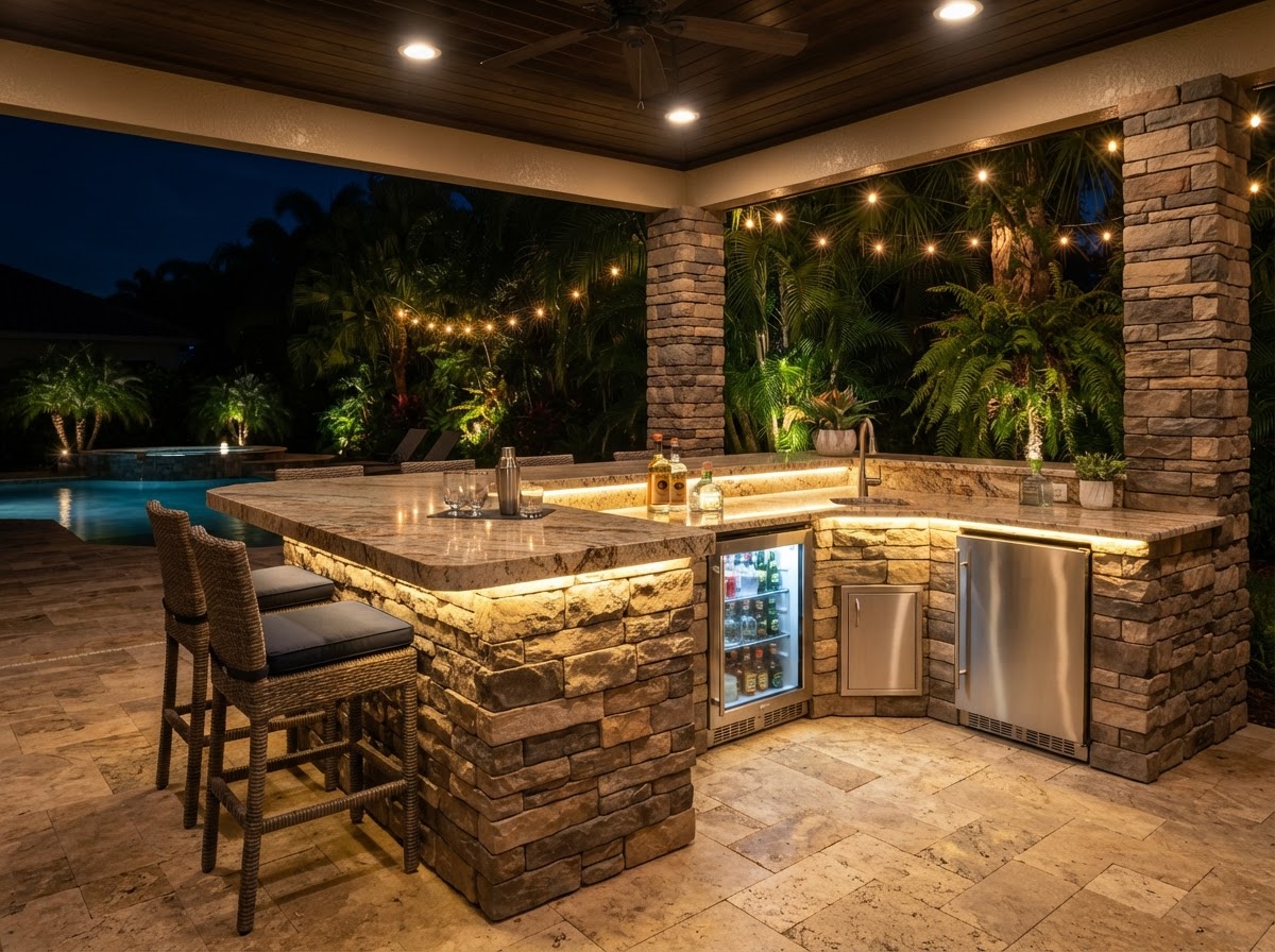 Illuminated outdoor kitchen and bar island at night with LED lighting