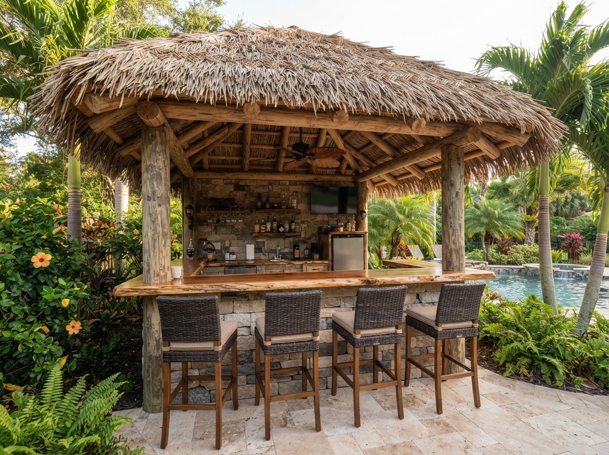Cypress tiki hut with thatch roof and outdoor bar counter in Florida