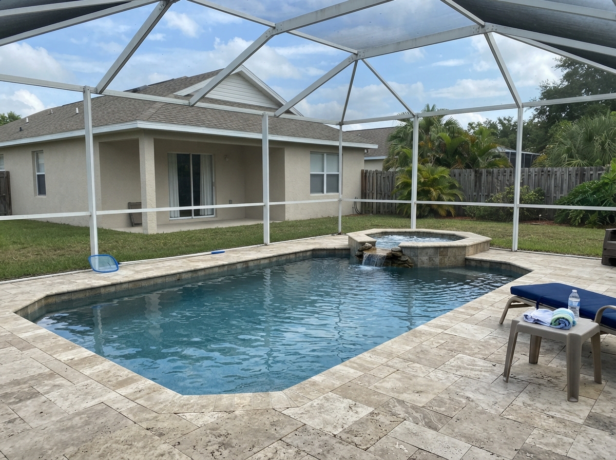 Standard pool with spillover spa and travertine coping