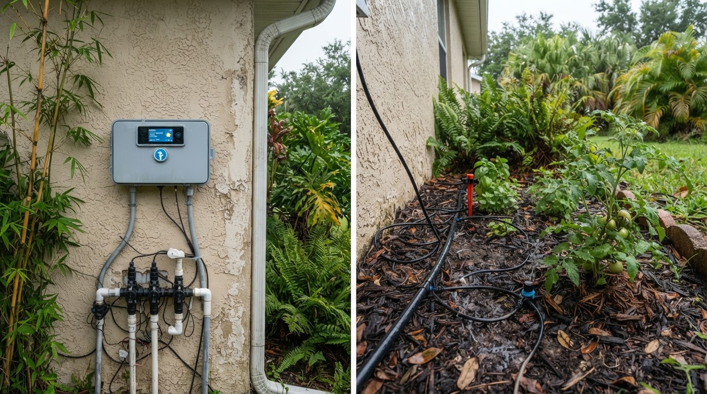Smart WiFi irrigation controller and drip line system in garden beds