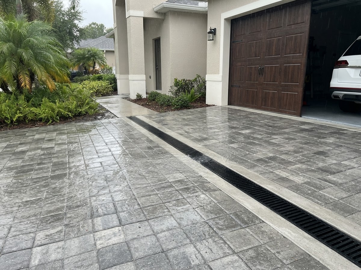 Surface channel drain in paver driveway properly capturing water flow before garage entrance