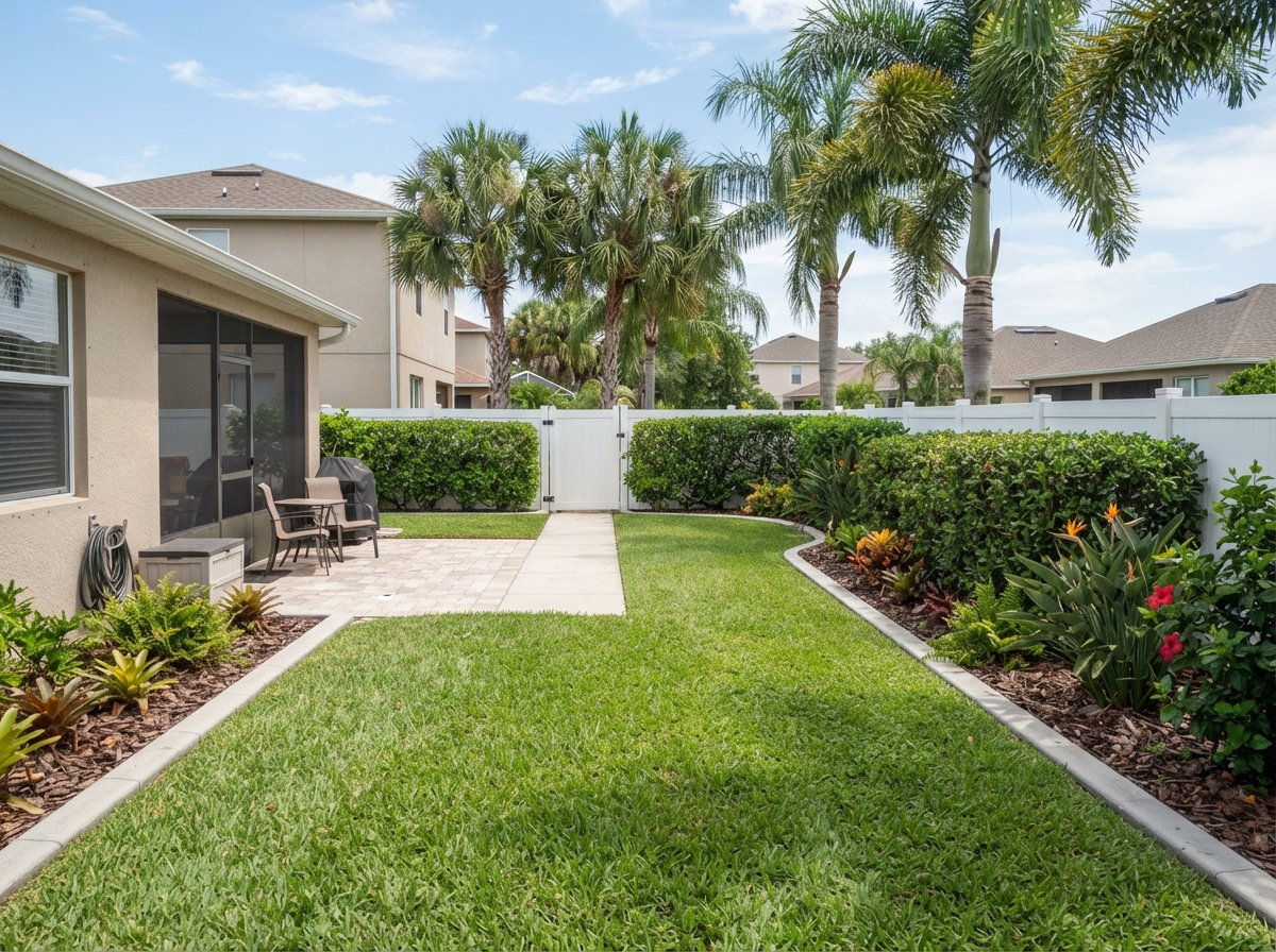 Well-maintained Florida backyard lawn with trimmed hedges