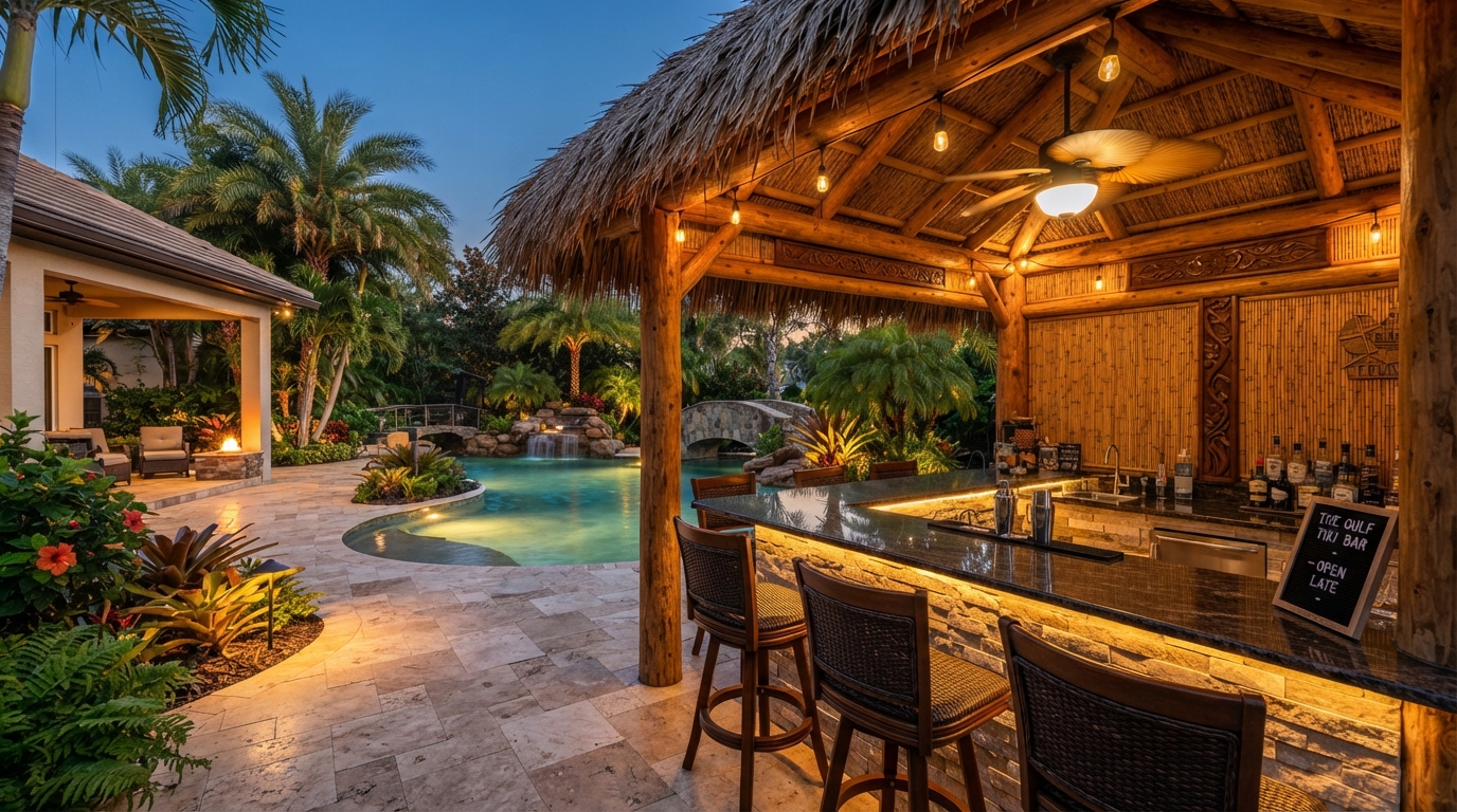 Poolside tiki hut bar with thatch roof and bar seating