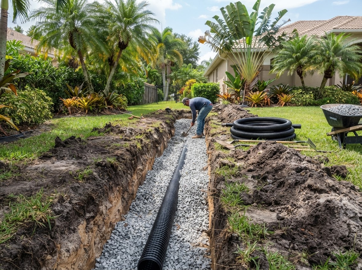 Deep French drain trench with perforated pipe and gravel at proper depth for sod installation in Sarasota FL