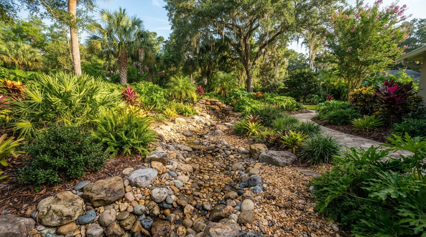 Dry creek bed drainage with river rocks in Lakewood Ranch FL