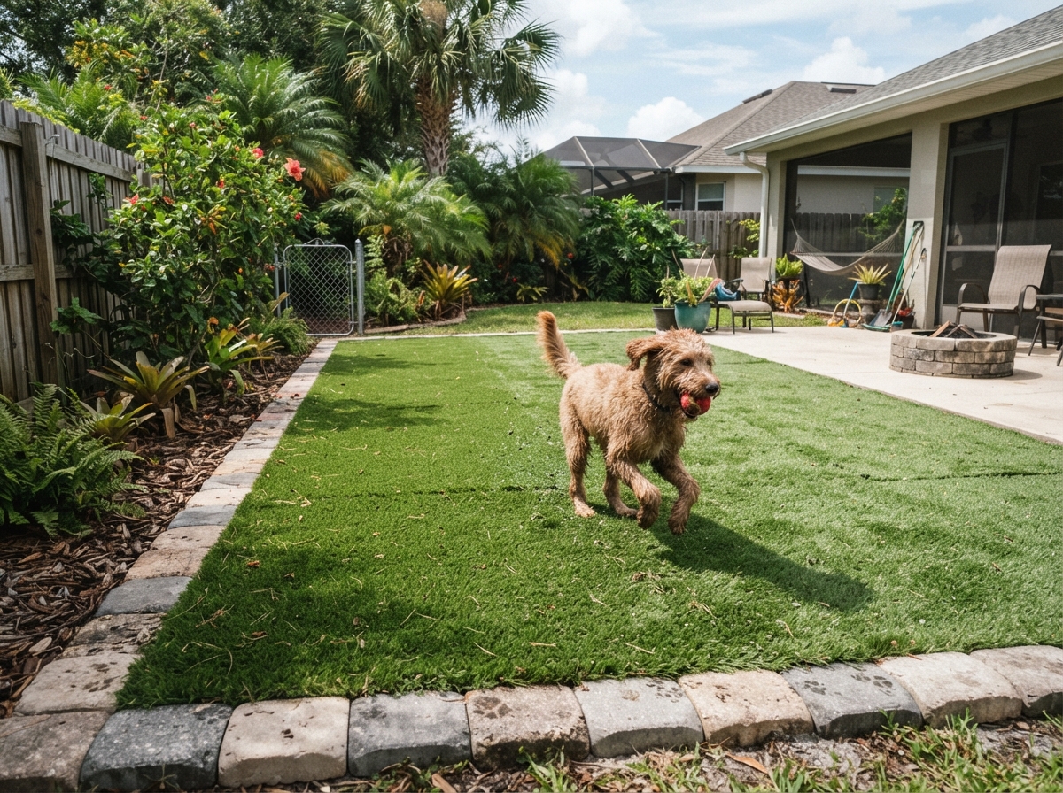 Artificial grass putting green with fringe and palm trees