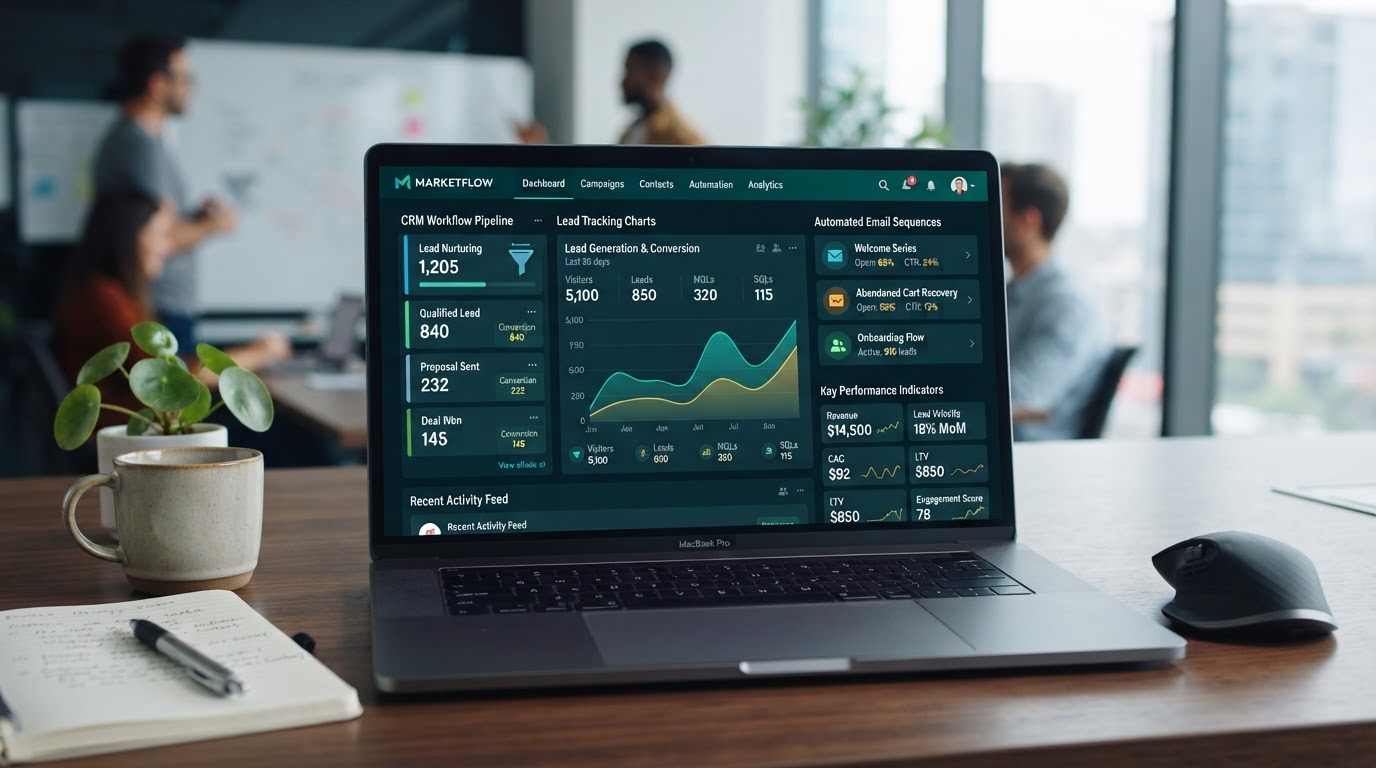 Marketing automation dashboard with CRM workflows and pipelines
