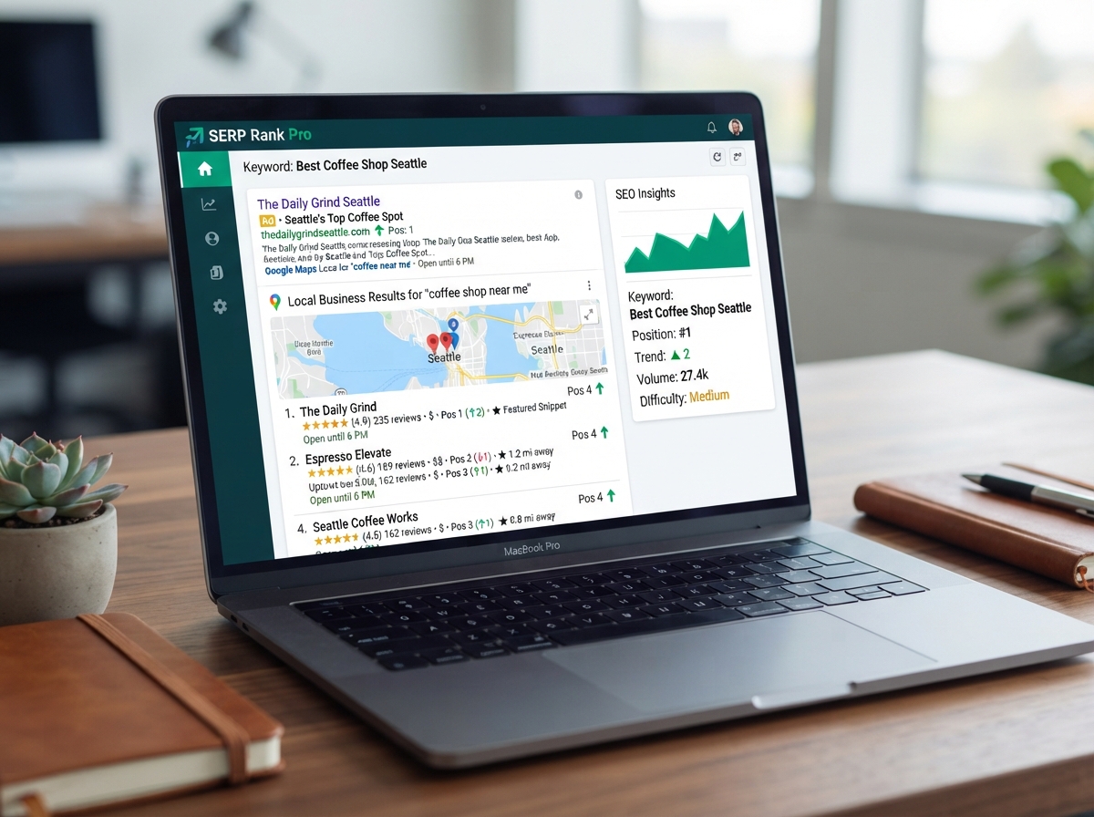 SEO dashboard showing keyword rankings and traffic growth