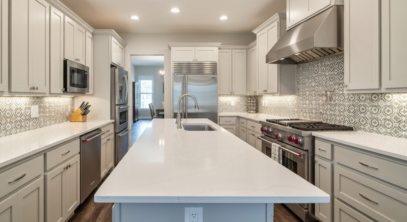 Installed stone countertop with custom edge profile in a West Valley kitchen