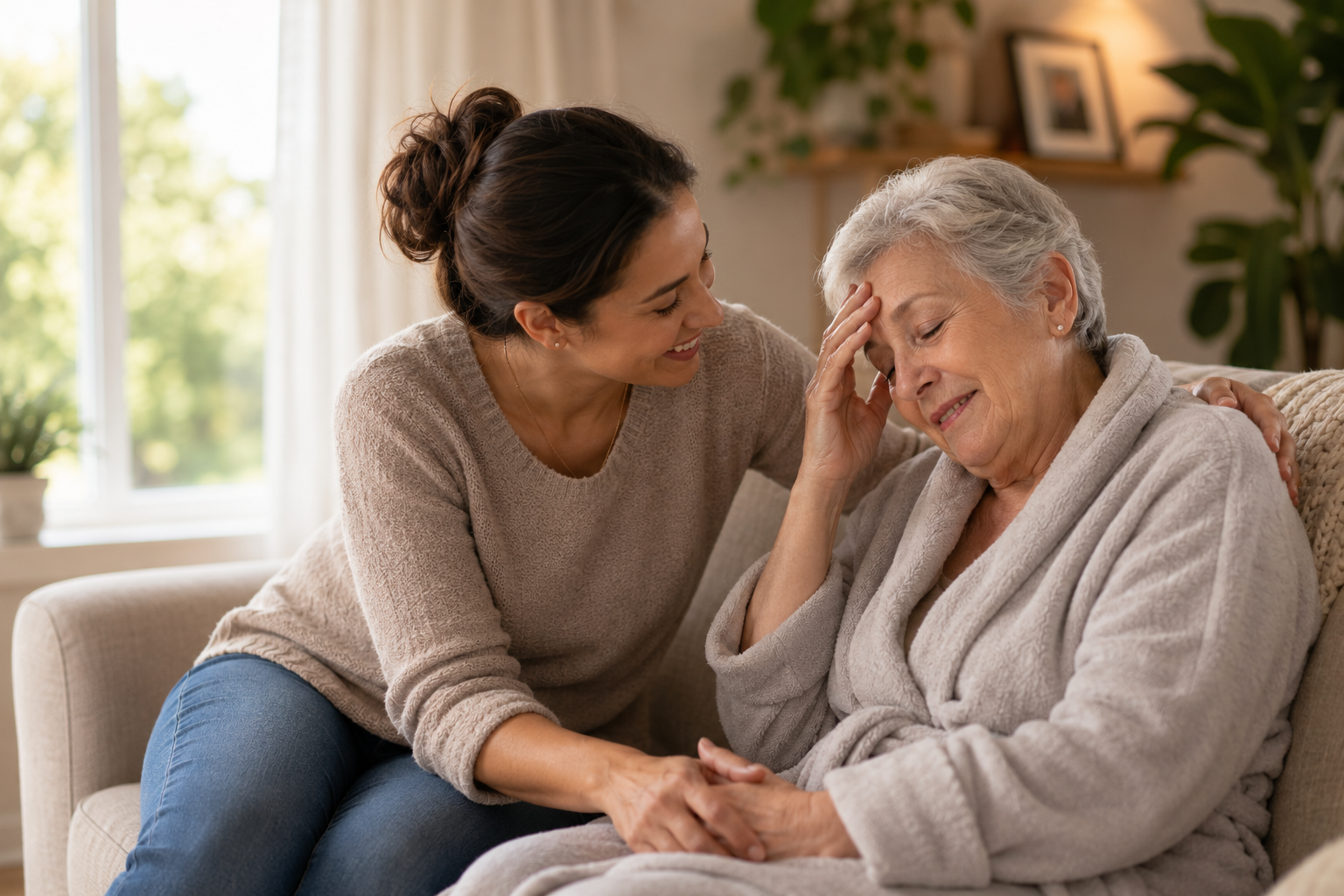 A female family caregiver in everyday clothing comforting a tired female loved one in a cozy home setting