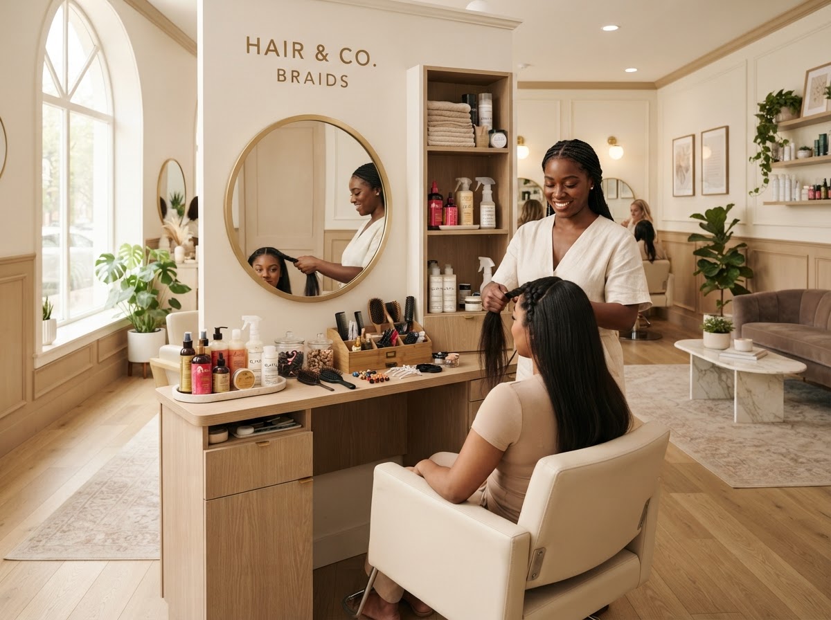 Honey Bel Hair salon interior with warm beige tones and professional braiding station