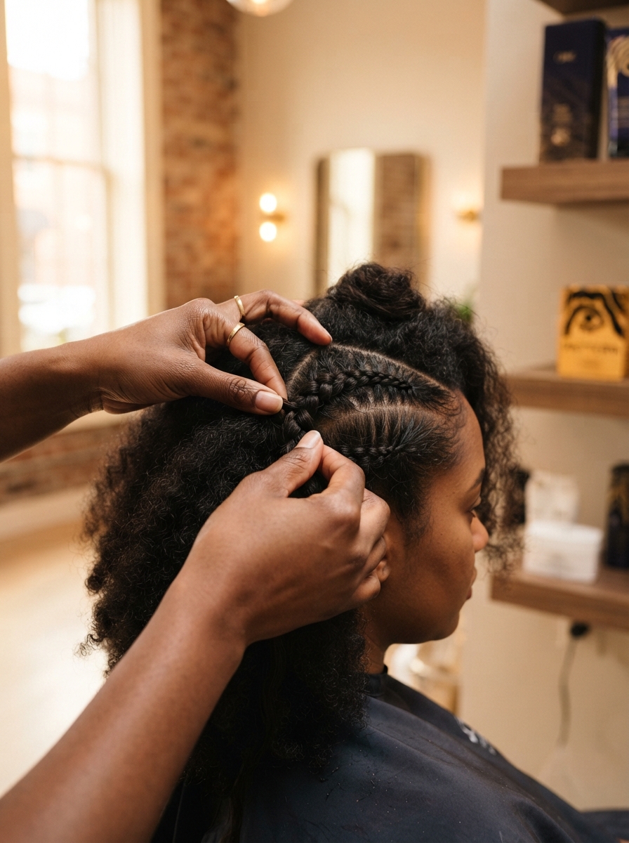 Professional hairstylist braiding hair at Honey Bel Hair salon