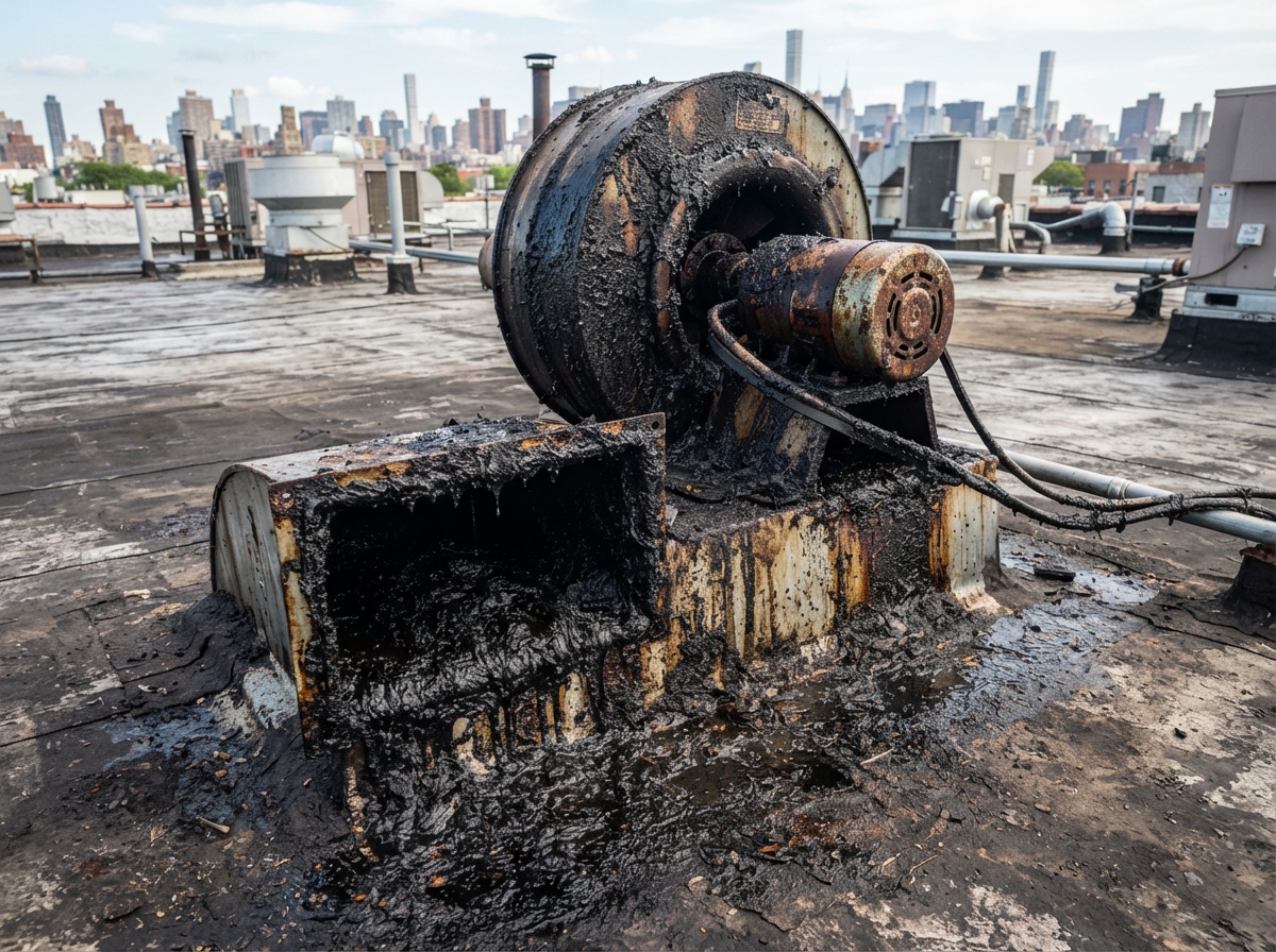 rooftop kitchen exhaust fan cleaning McKinney TX dark grease buildup on fan housing before cleaning