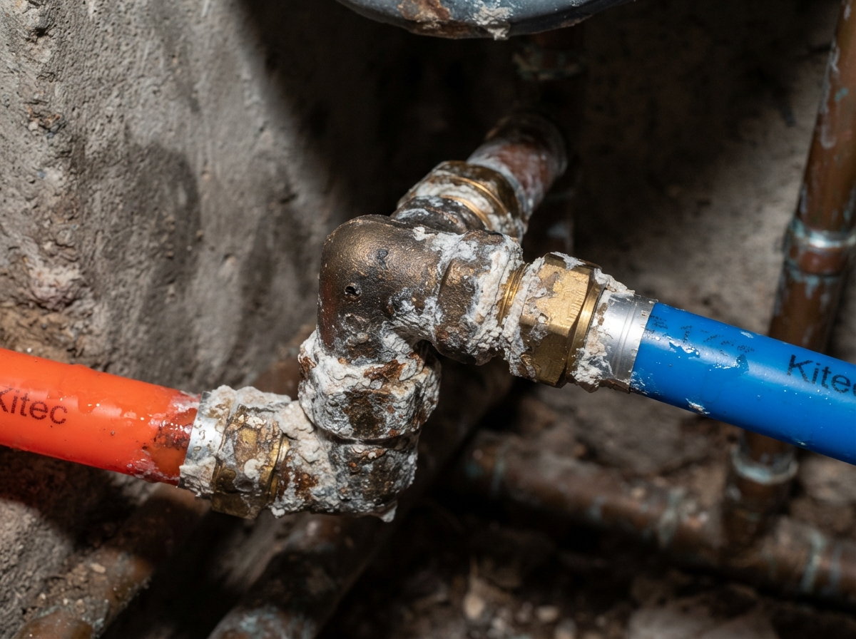 Old corroded brass Kitec fittings with white chalky buildup next to orange and blue flexible pipe